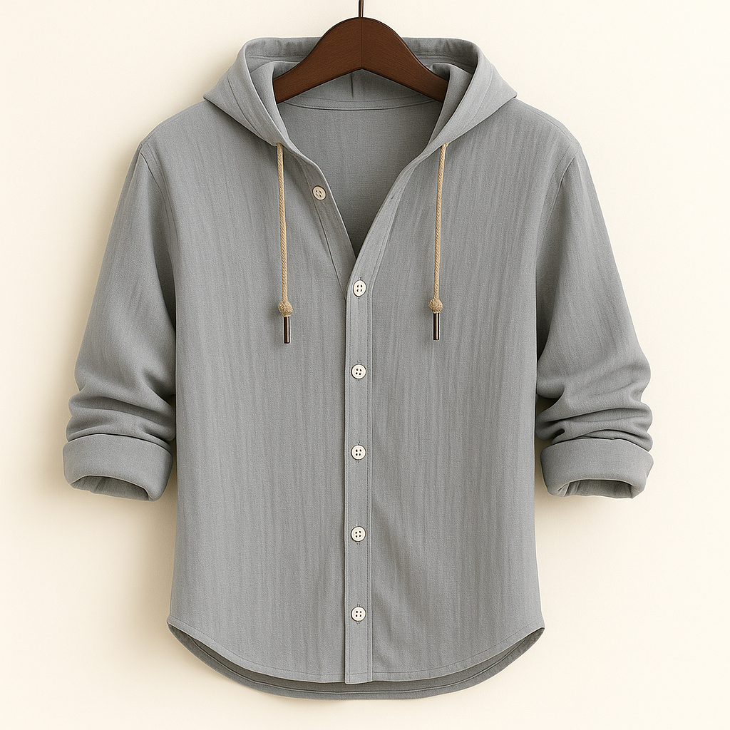 Men's long-sleeved hooded button shirt with drawstrings and curved hem