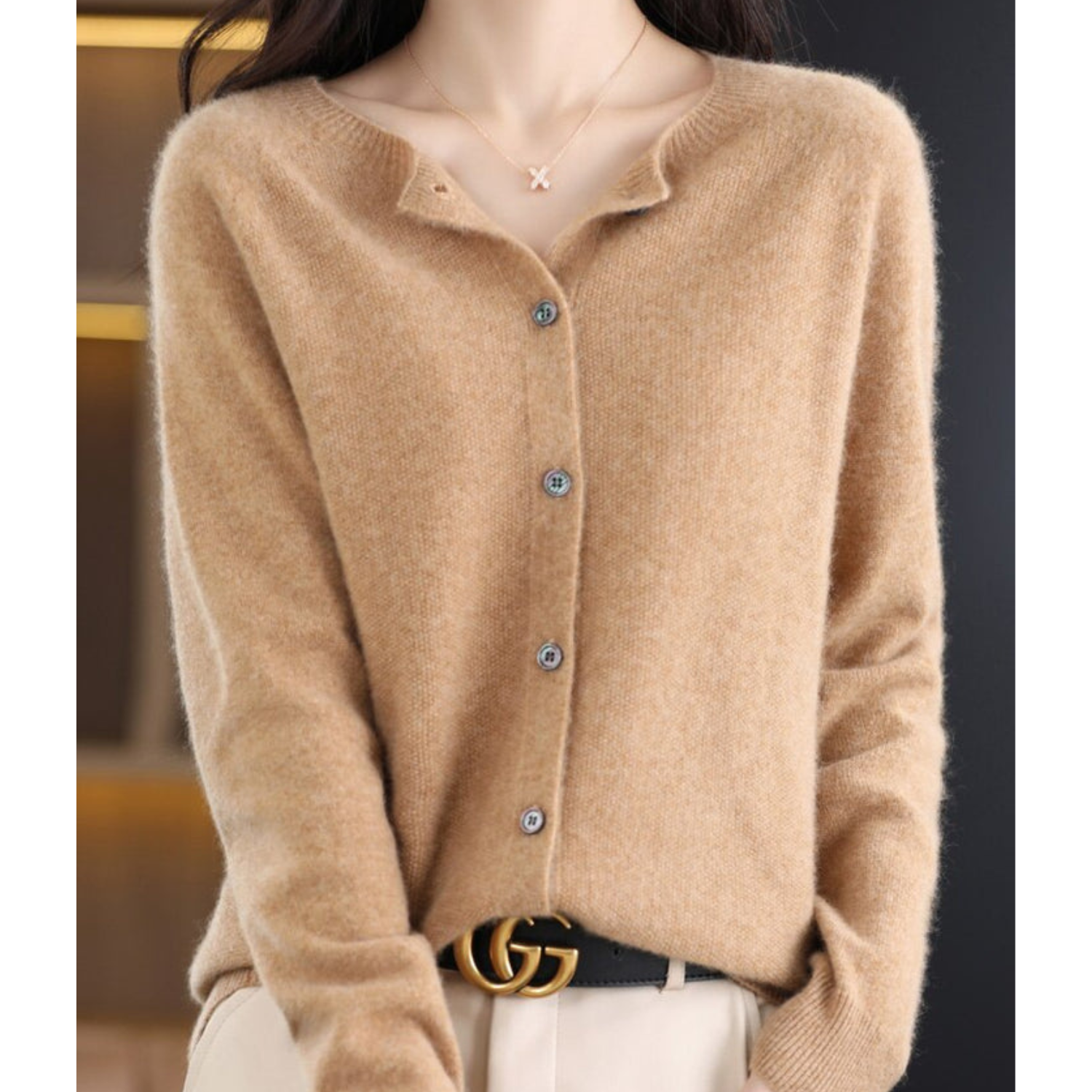 Women's Cardigan Merino Wool V-Neck Long Sleeve - Light Brown
