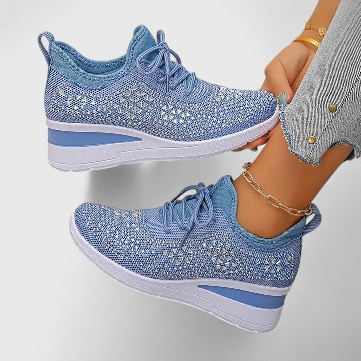 Women's Sneakers Rhinestone Embellished Wedge Lace-Up - Blue