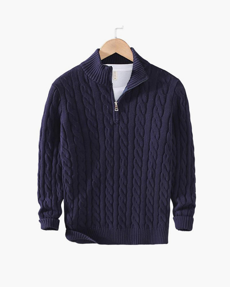 Men's cable knit half-zip sweater with mock neck and long sleeves