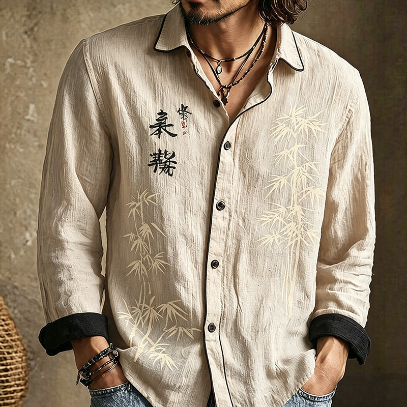 Men's long-sleeved shirt with bamboo artwork, calligraphy and contrast trim