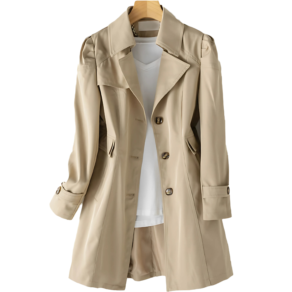 Women's tailored trench coat with long sleeves, notched lapels, button front and flap pockets