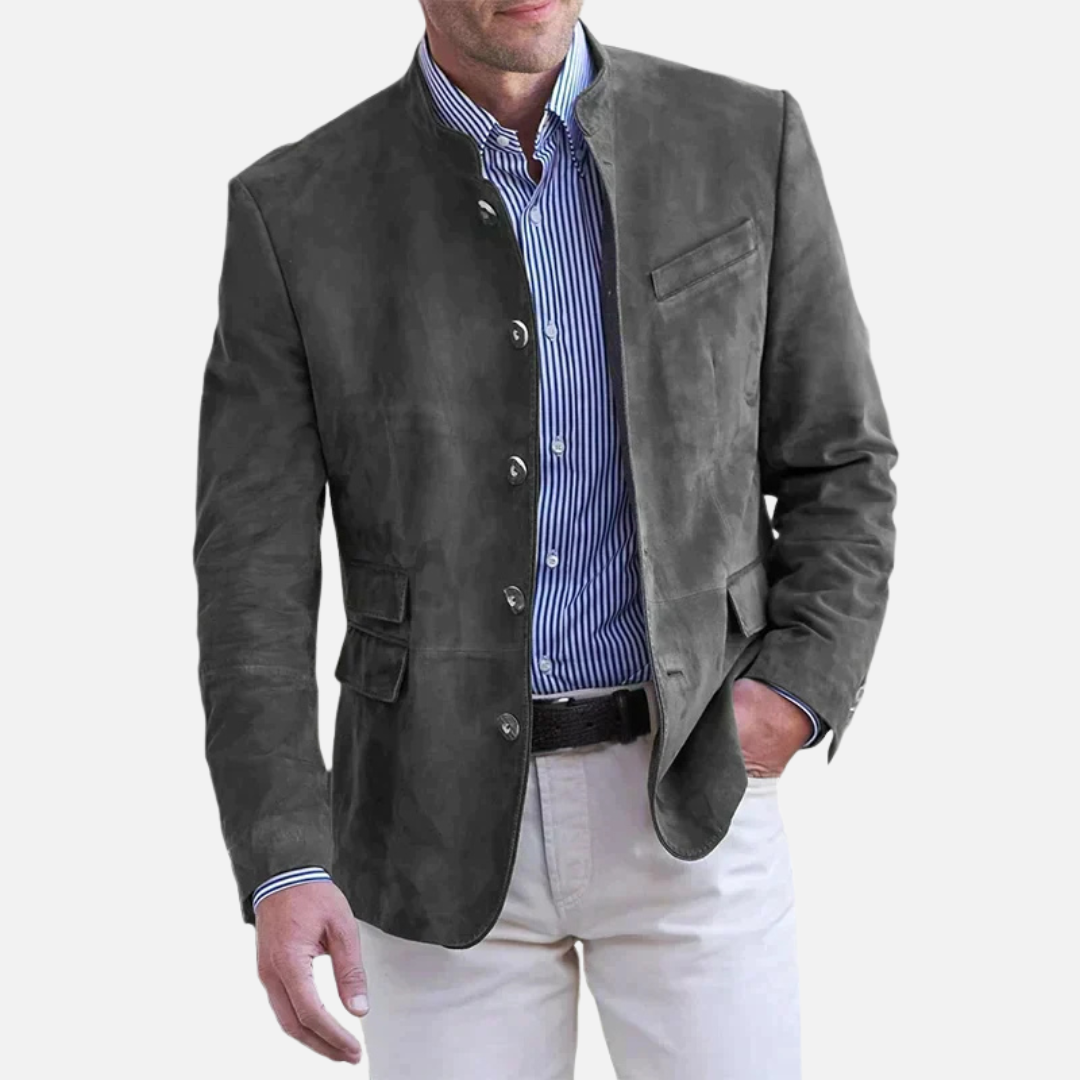 Men's stand collar button front jacket with chest and flap pockets
