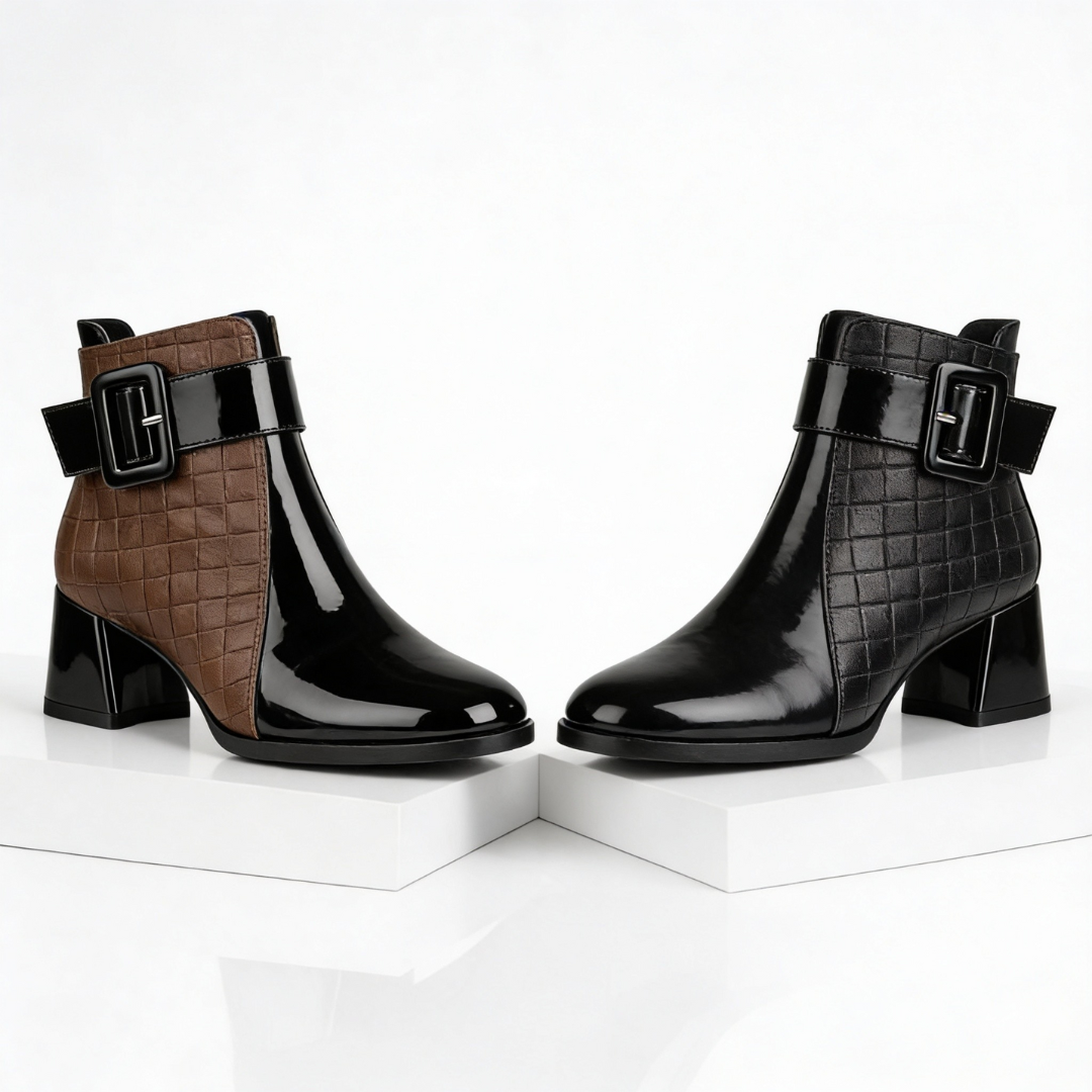 Women's quilted ankle boots with buckle strap, glossy panels and block heel