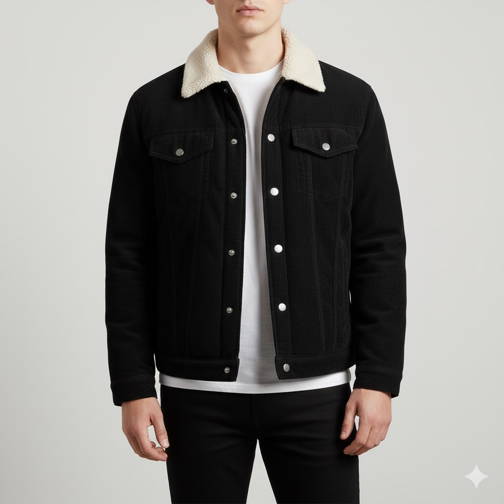 Men's corduroy jacket with sherpa collar, long sleeves and buttoned chest pockets