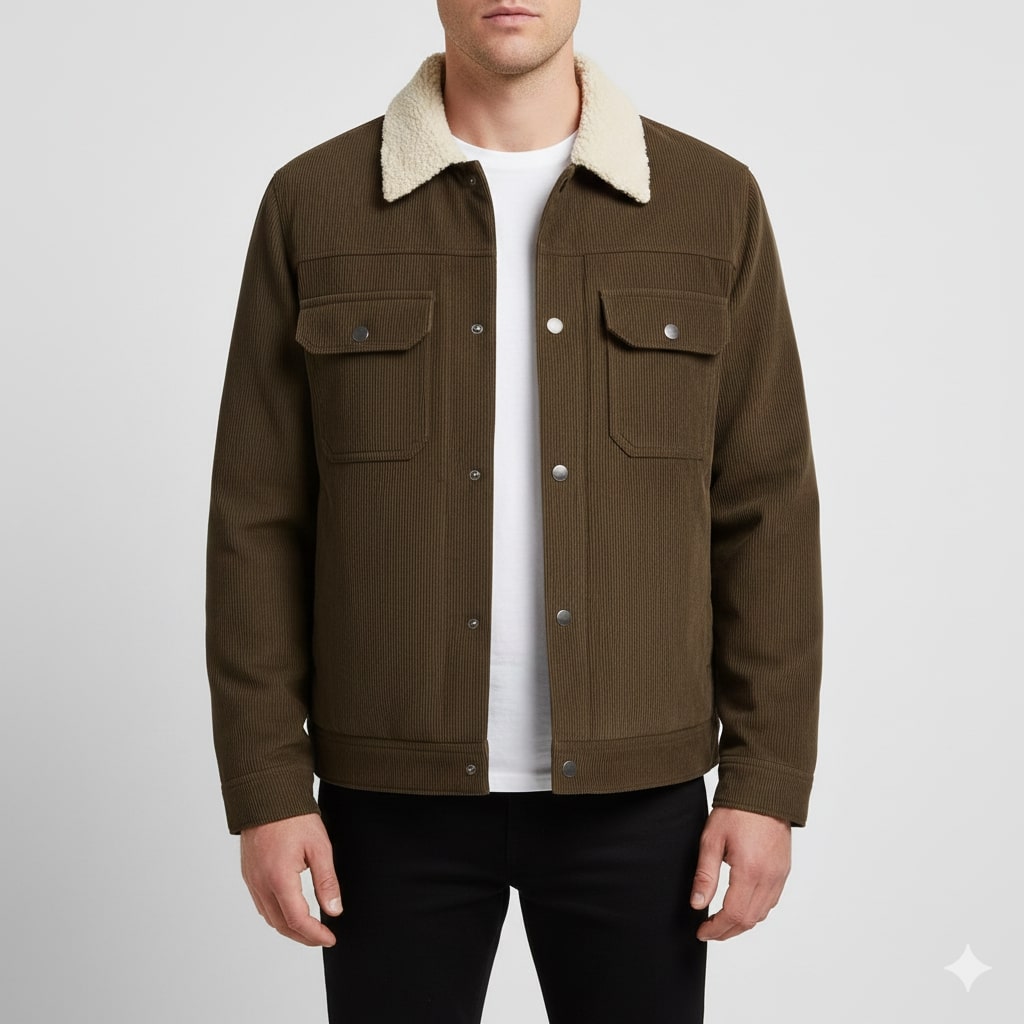 Men's corduroy jacket with sherpa collar, long sleeves and buttoned chest pockets