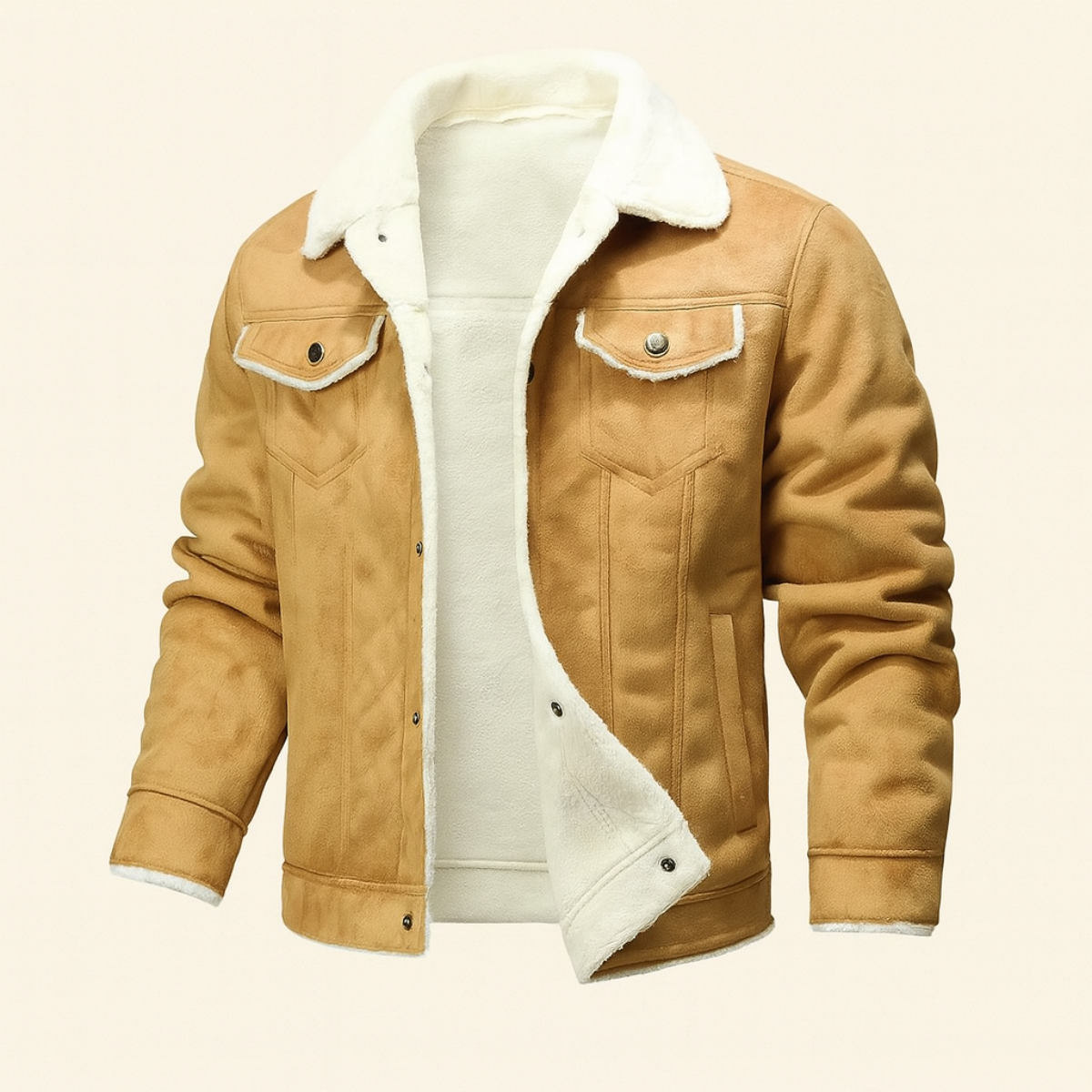 Men's fleece-lined faux leather jacket with shearling-style collar and multiple pockets
