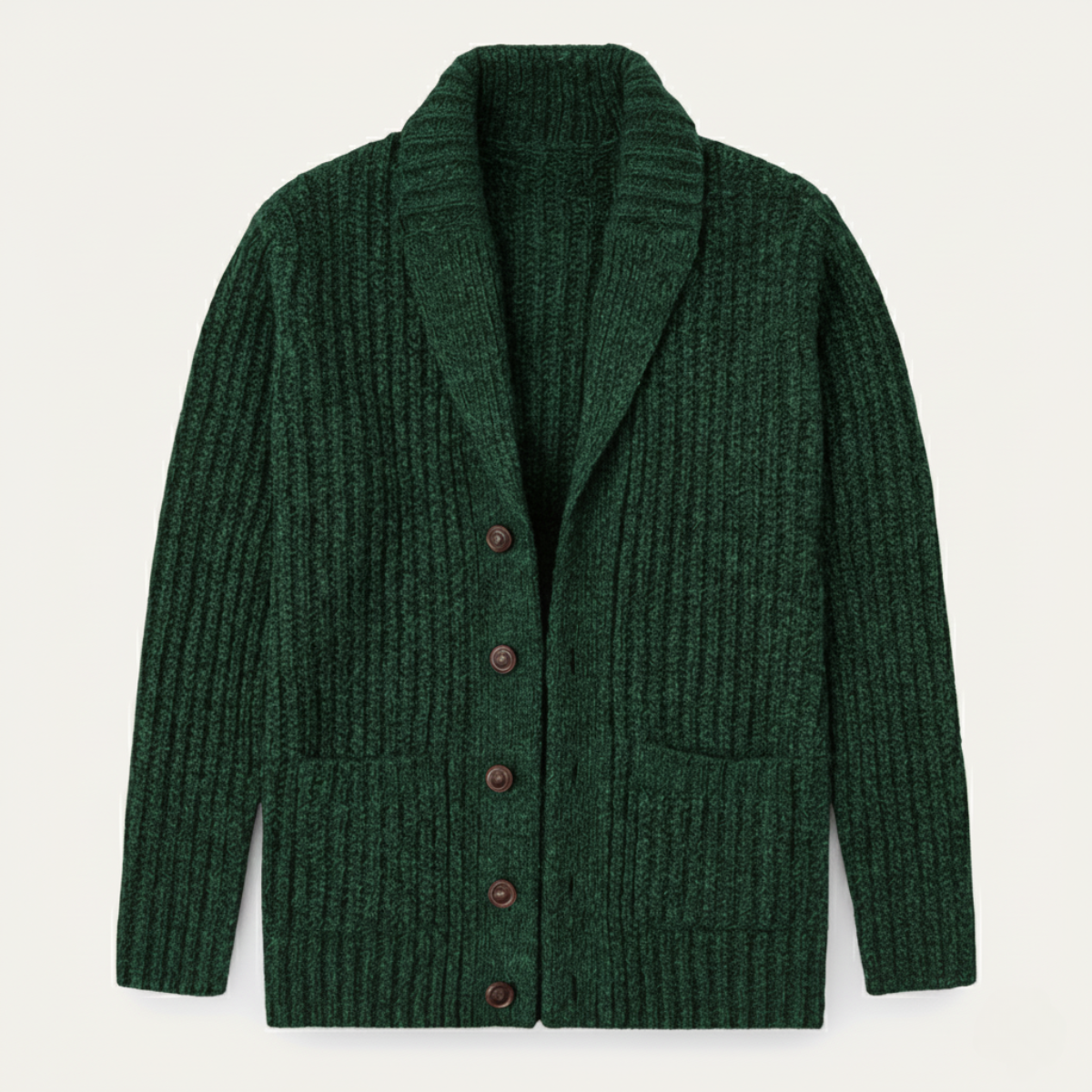 Men's chunky textured knit cardigan with shawl collar and button front