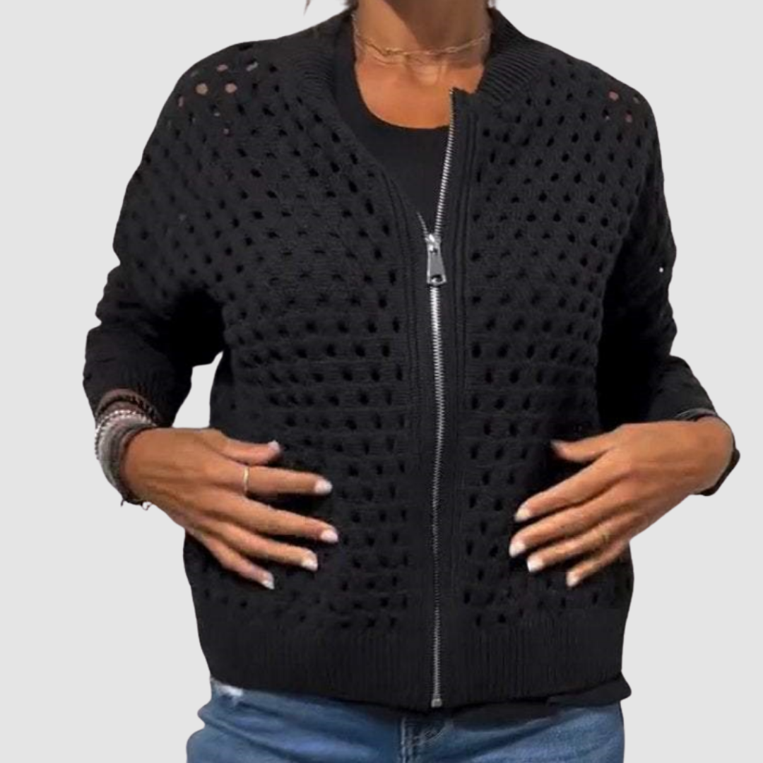 Women's openwork knitted cardigan with crew neck and front zip