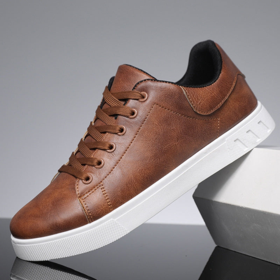 Men's Leather-Look Trainers Low-Top White Sole - Brown