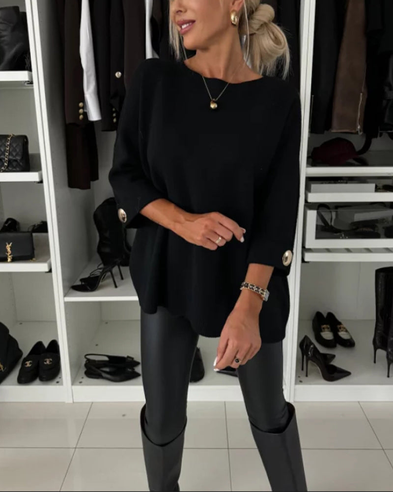 Women's plain round neck jumper with long sleeves and button cuffs