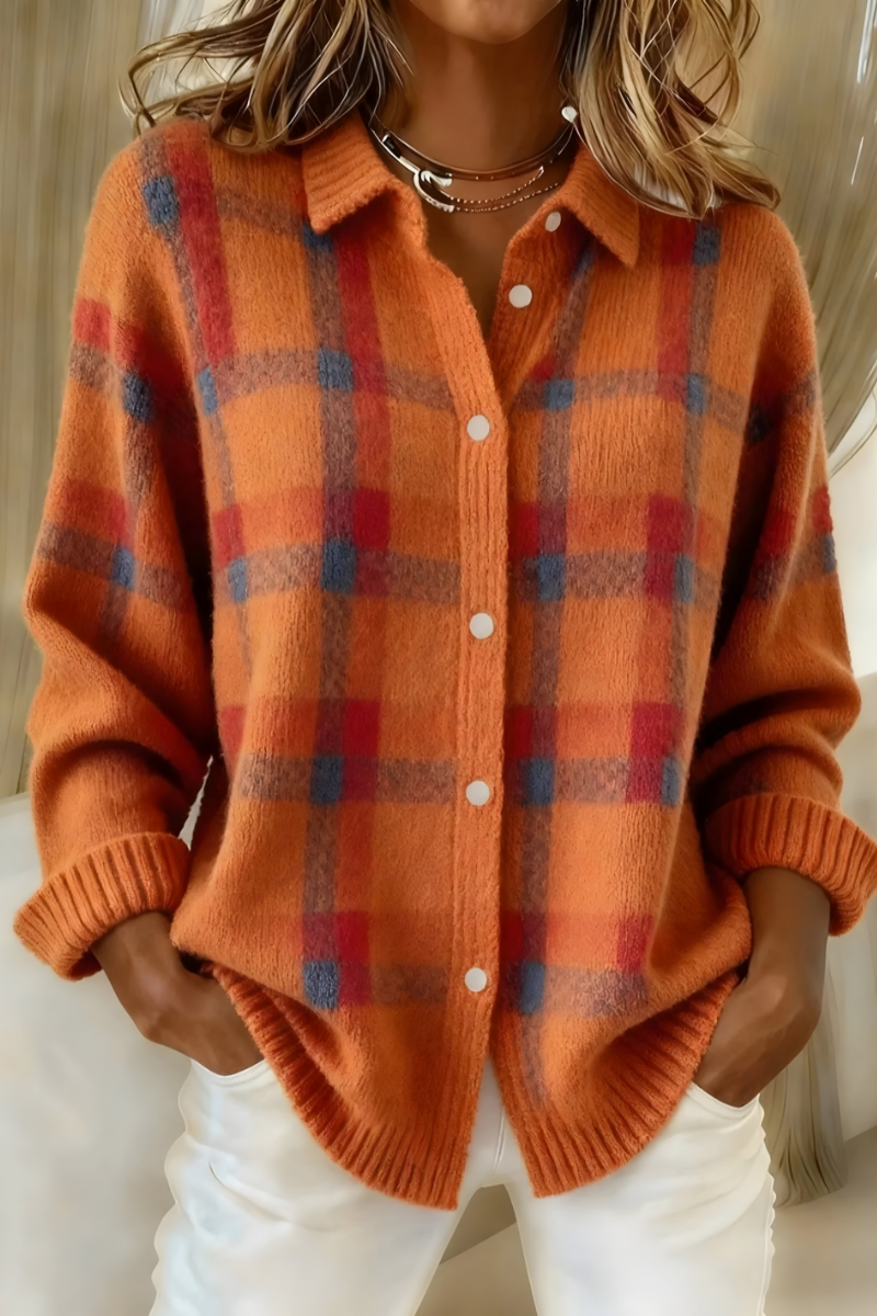 Women's checked button-front cardigan with shirt collar and long sleeves