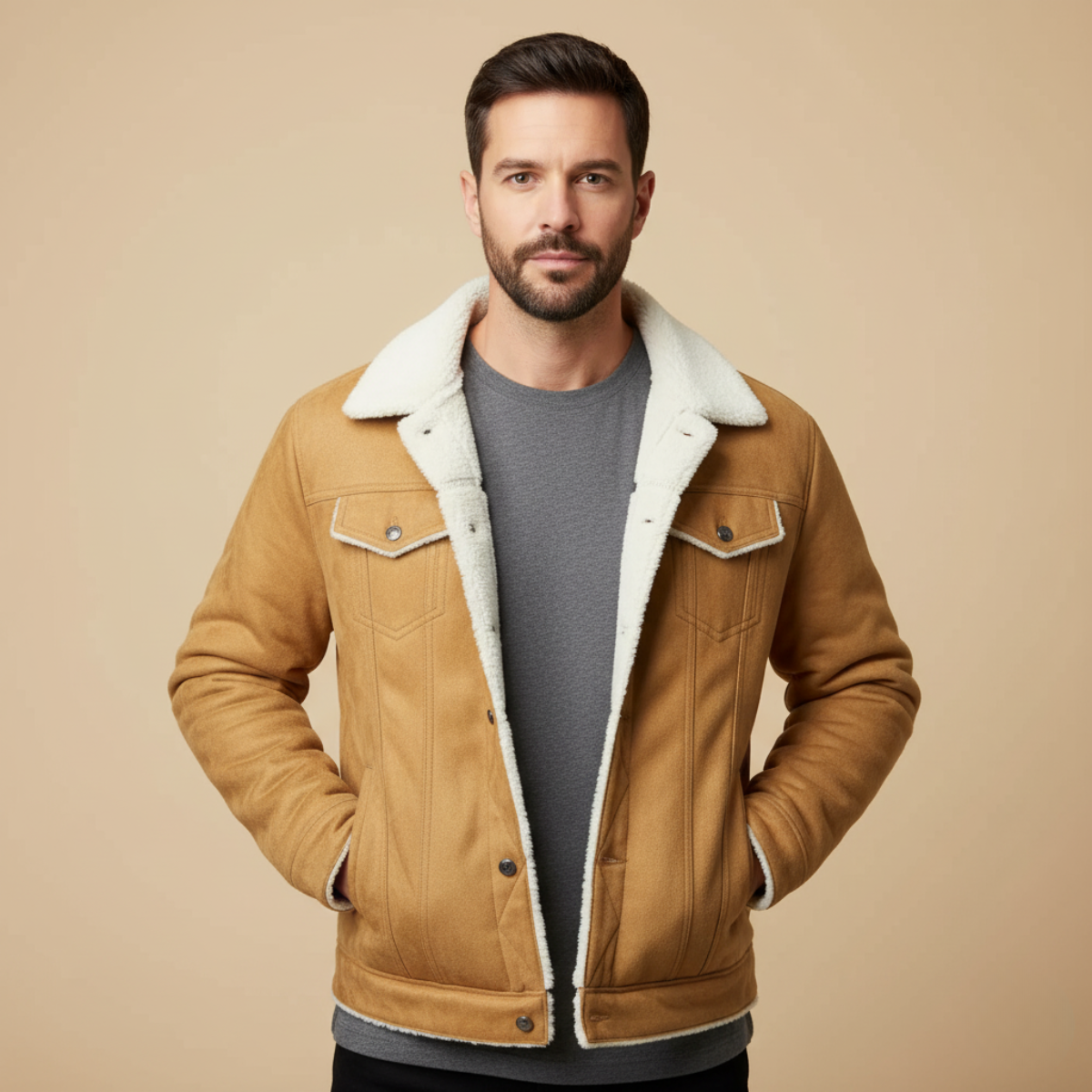 Men's fleece-lined faux leather jacket with shearling-style collar and multiple pockets