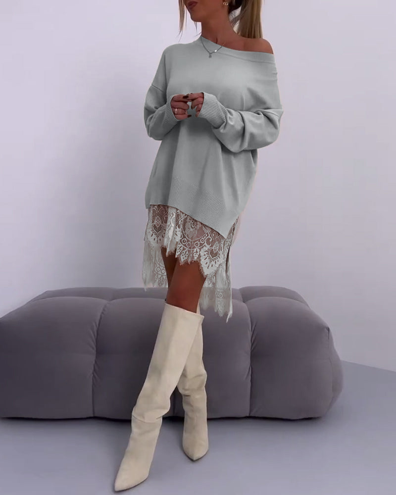 Women's off shoulder long sleeve jumper with scalloped lace trim hem