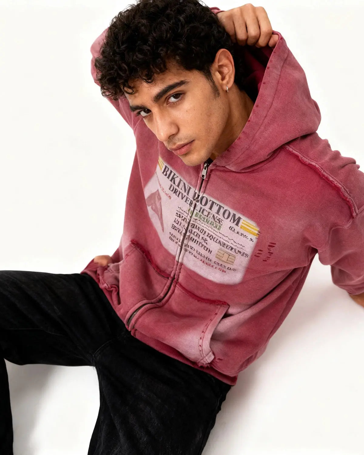 Unisex graphic ripped washed zip-up hoodie with hood and front pockets