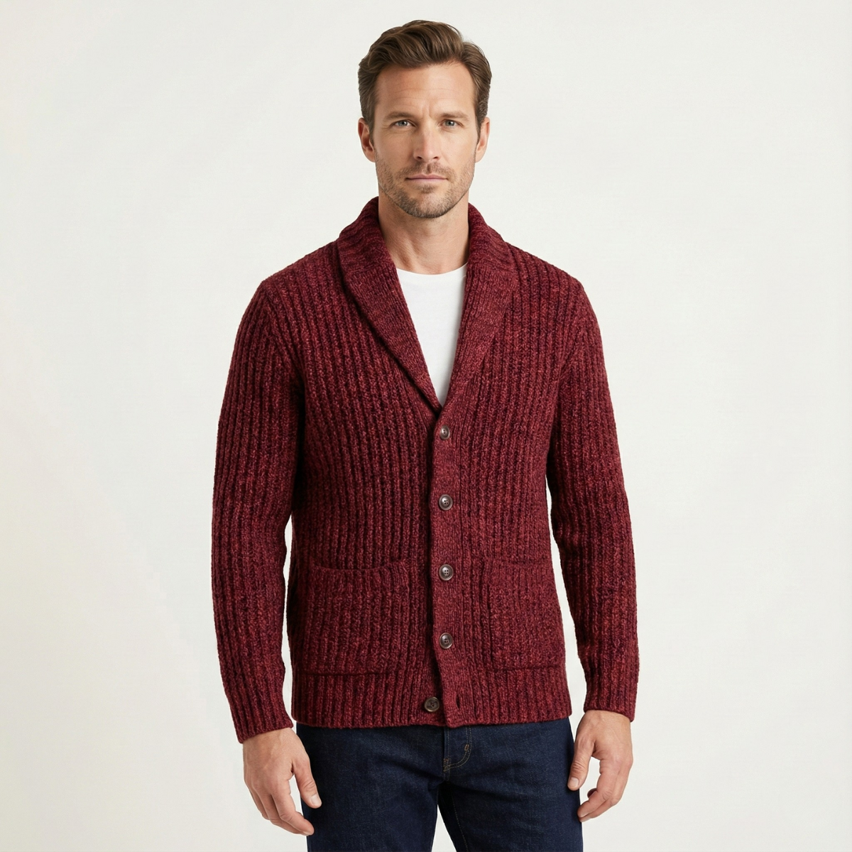 Men's chunky textured knit cardigan with shawl collar and button front