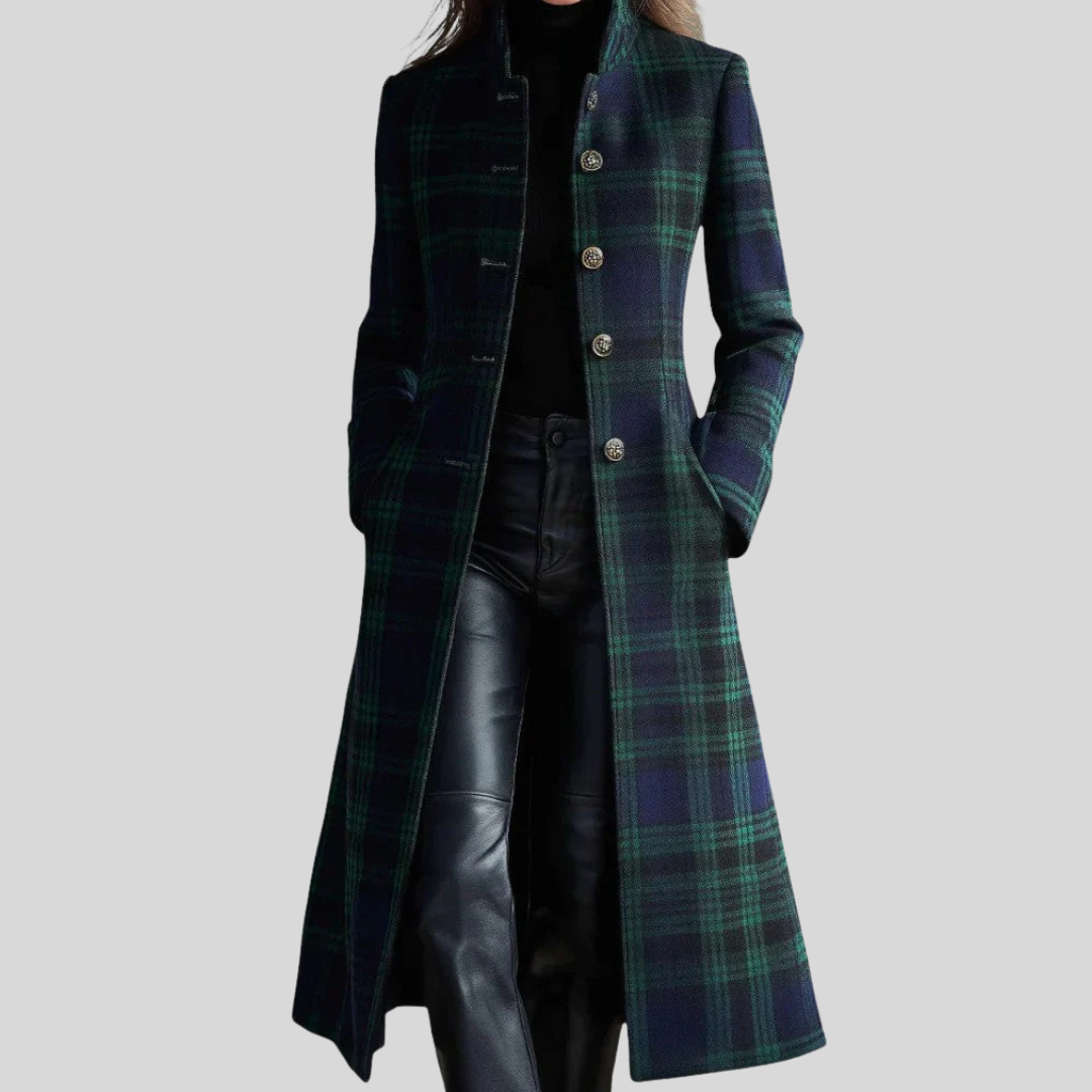 Women's dark blue and green checked longline coat with stand collar and button front