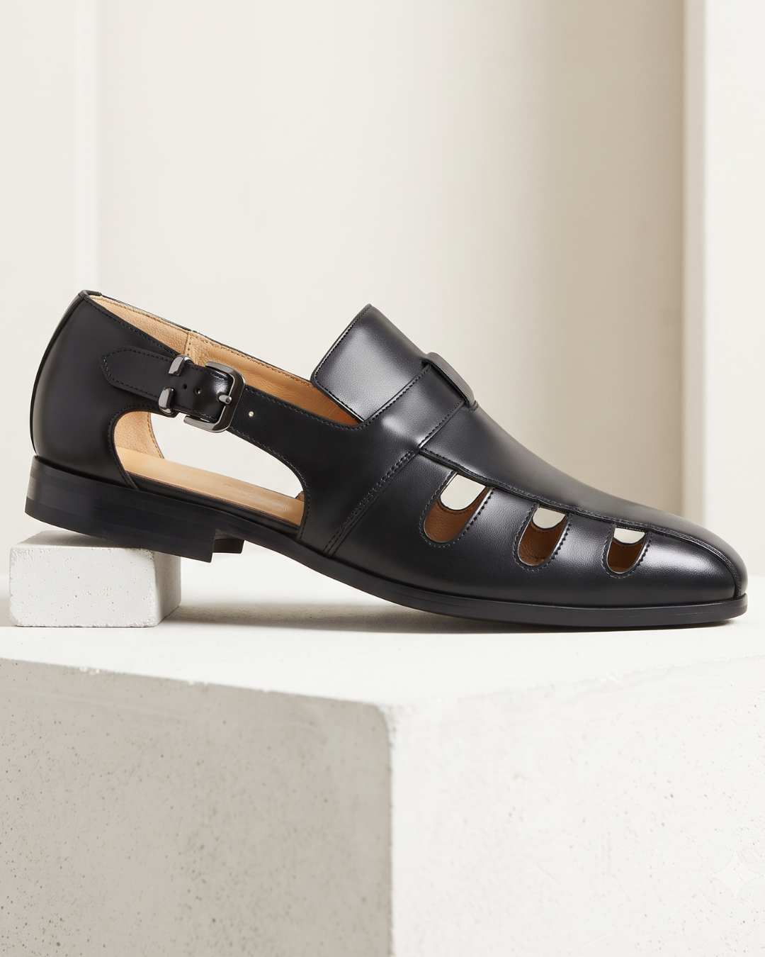 Monk strap dress loafer with cutout panels and buckle fastening