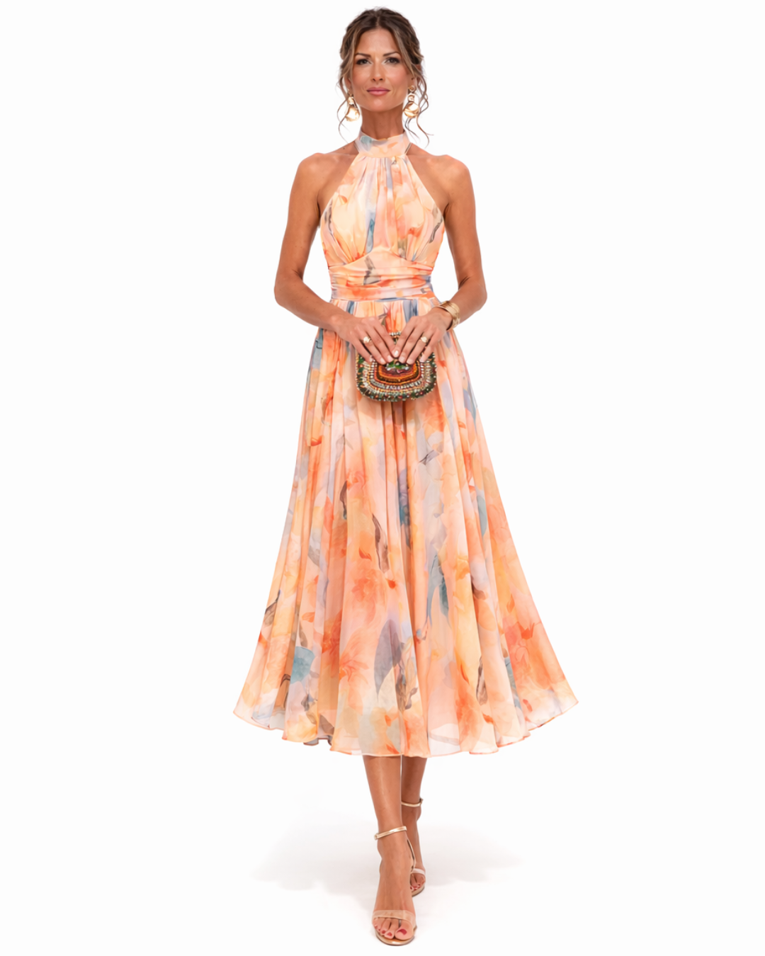 Women's Halter Neck Maxi Dress A-Line Flowing Skirt Printed Design | Floral Orange