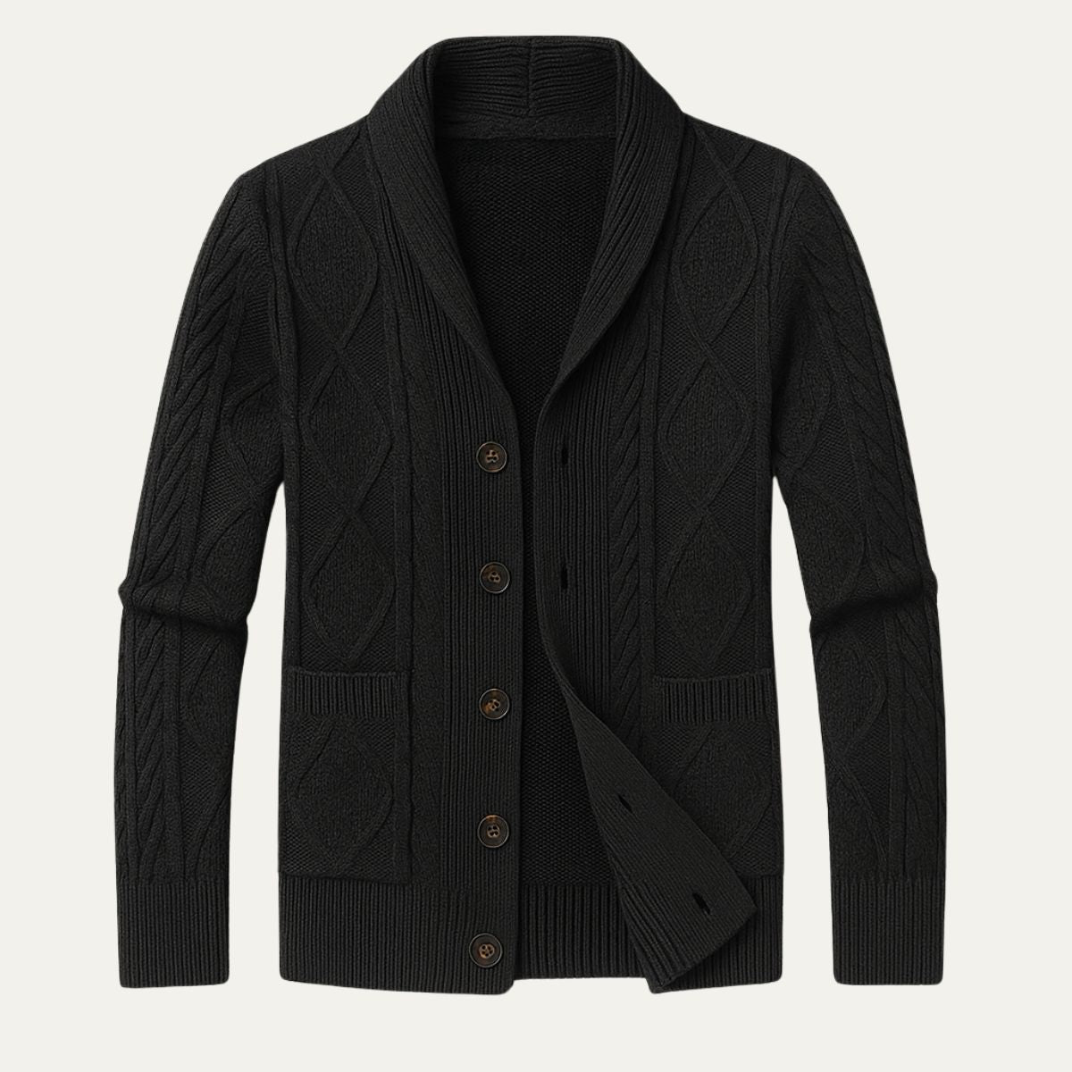 Men's textured cable knit cardigan with shawl collar, buttons and front pockets