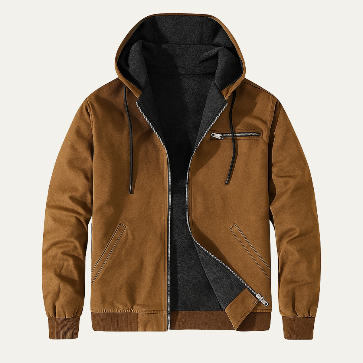 Men's hooded fleece-lined jacket with zip fastening, chest pocket and ribbed trims