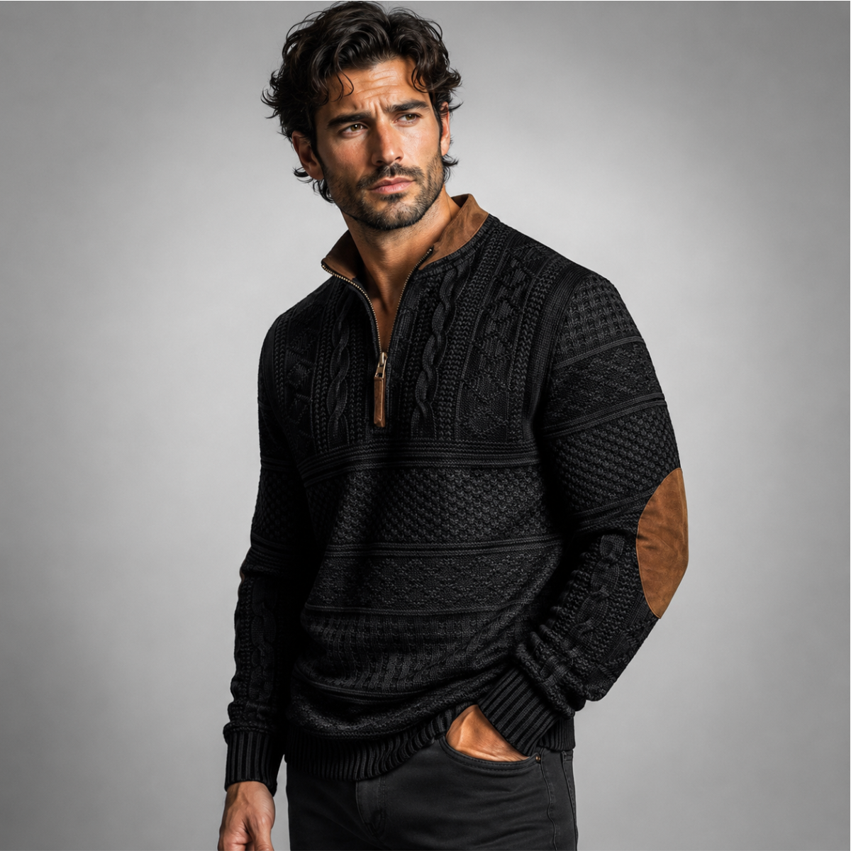 Men's textured patterned half-zip sweater with elbow patches and ribbed trims