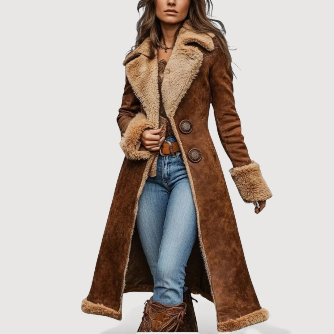 Women's brown longline coat with cream shearling-style collar and cuffs