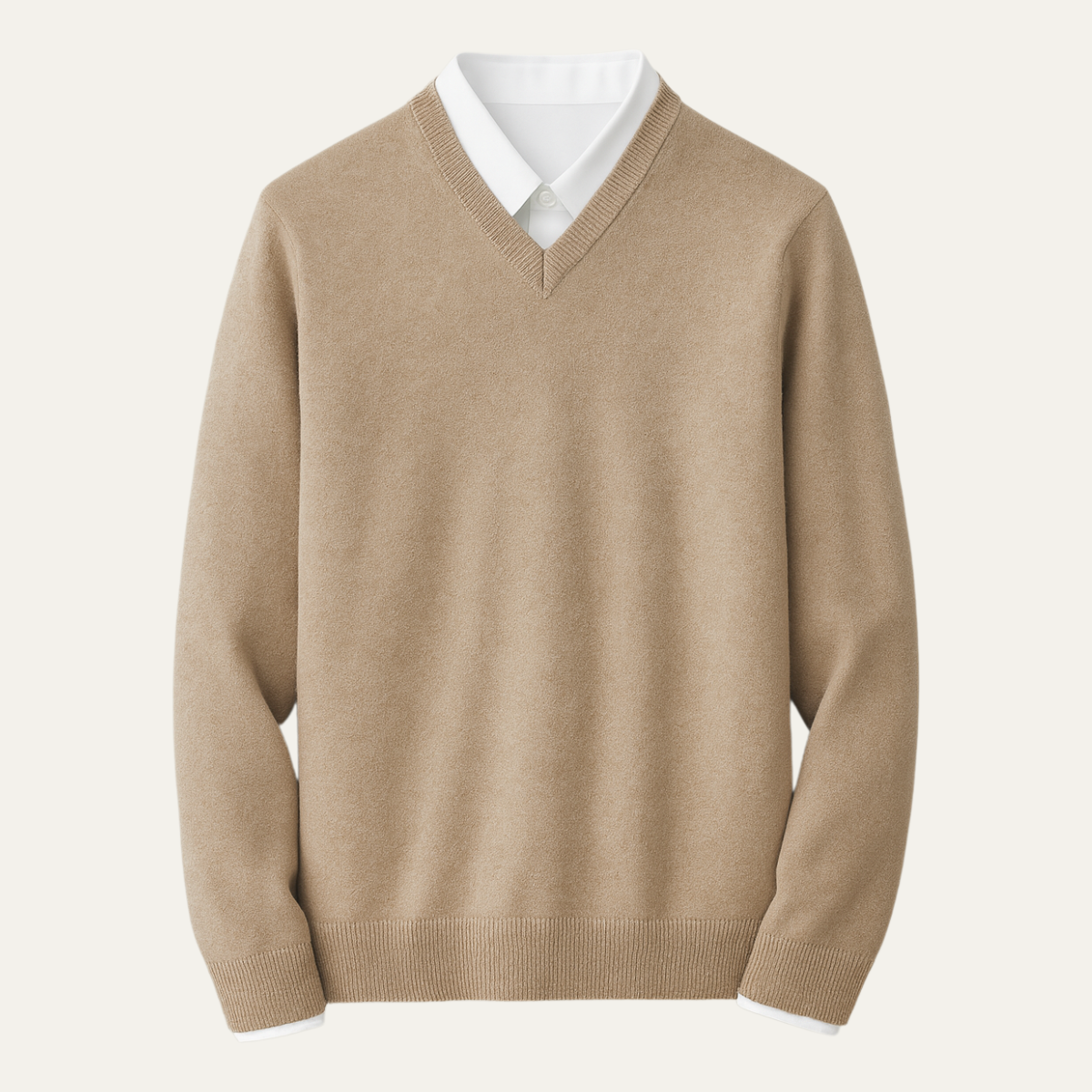 Men's long-sleeve V-neck sweater with ribbed trims