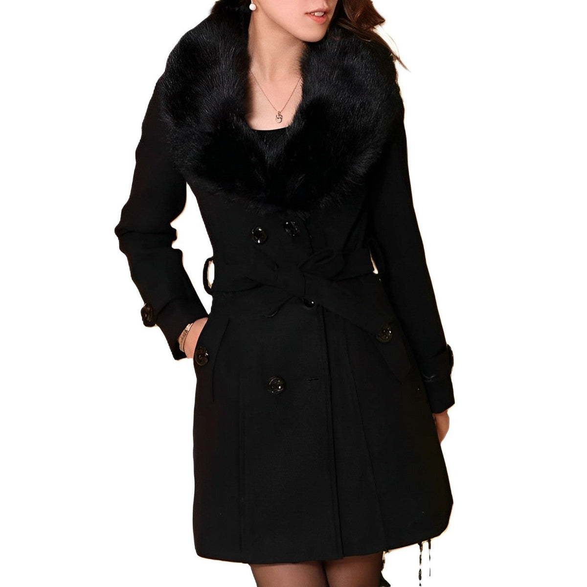 Women's button-front coat with a wide textured collar and long sleeves