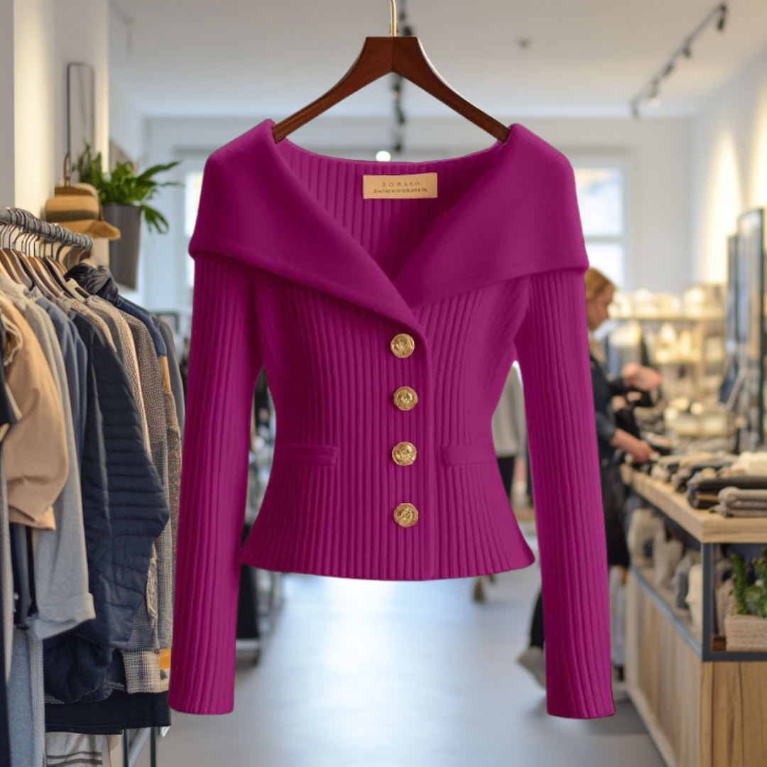 Ribbed women's cardigan with shawl collar, long sleeves and button front