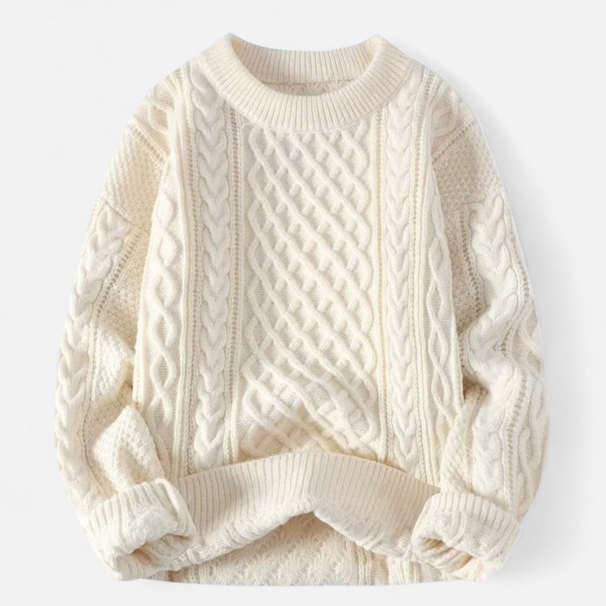 Men's cable knit crew neck jumper with long sleeves and ribbed trims