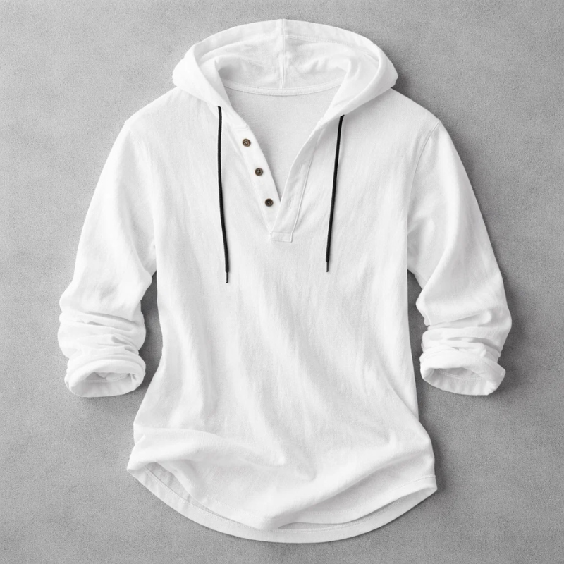 Men's long-sleeve hooded shirt with button placket and curved hem