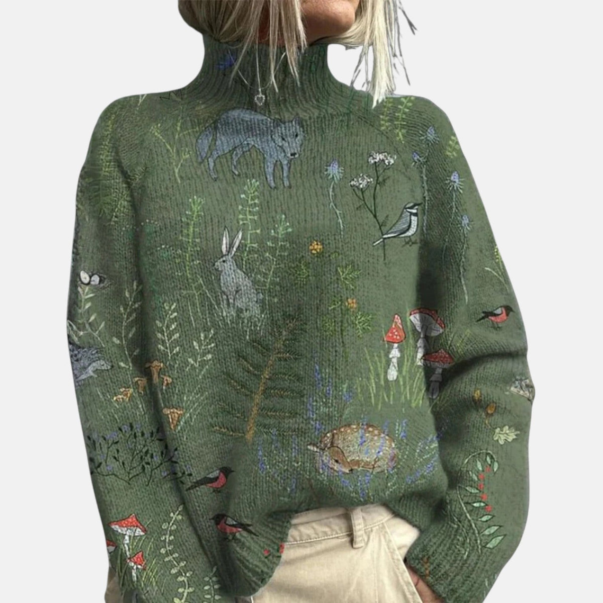 Women's long-sleeved patterned turtleneck jumper with ribbed trims