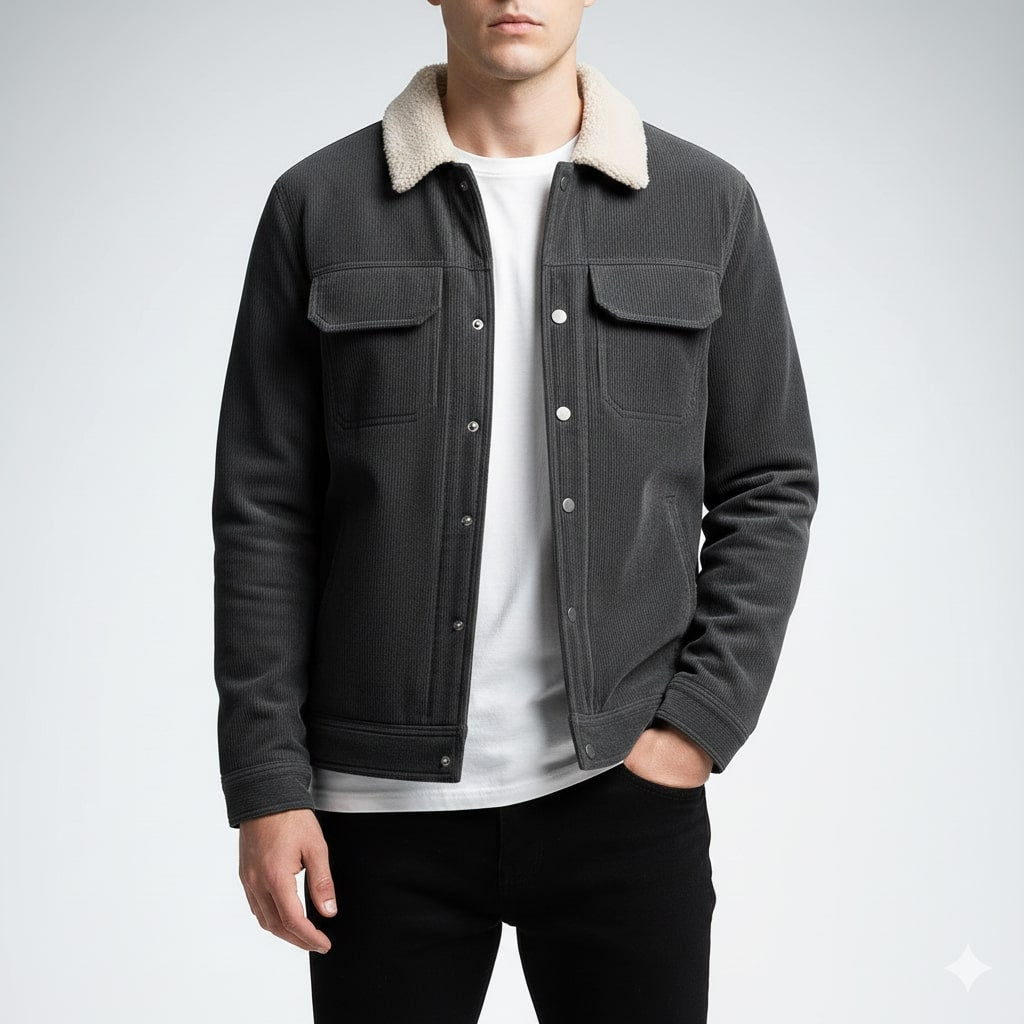 Men's corduroy jacket with sherpa collar, long sleeves and buttoned chest pockets