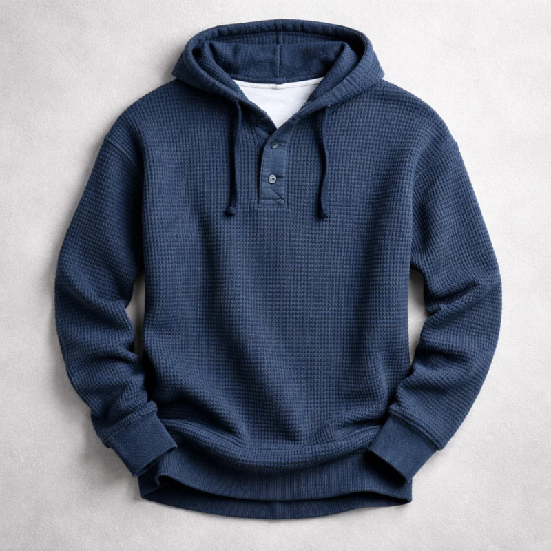 Men's waffle-knit Henley hoodie with drawstring hood and long sleeves