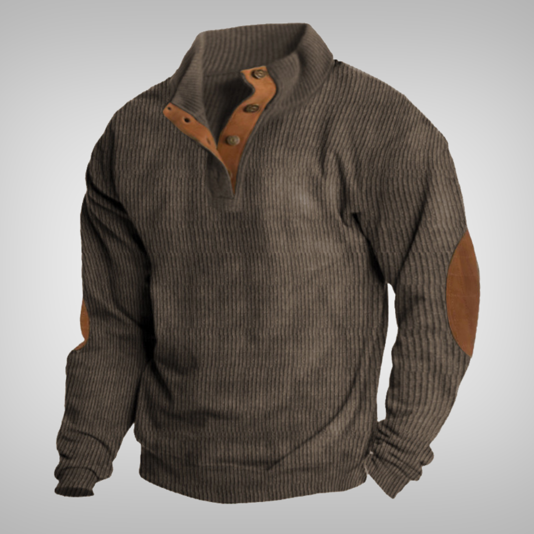 Men's ribbed jumper with stand collar, button neck and brown elbow patches