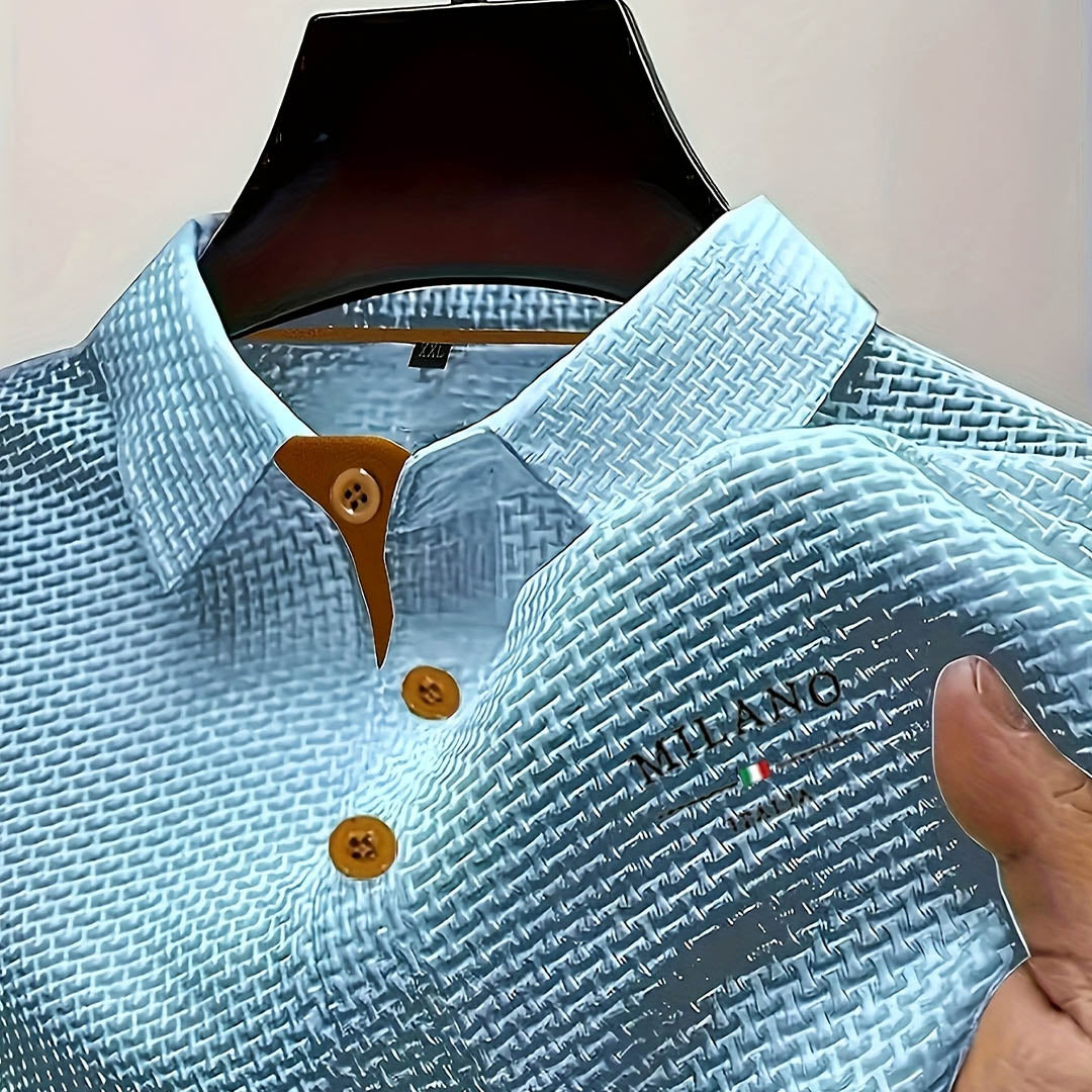Men's Polo Shirt Textured Woven Button Collar - Light Blue