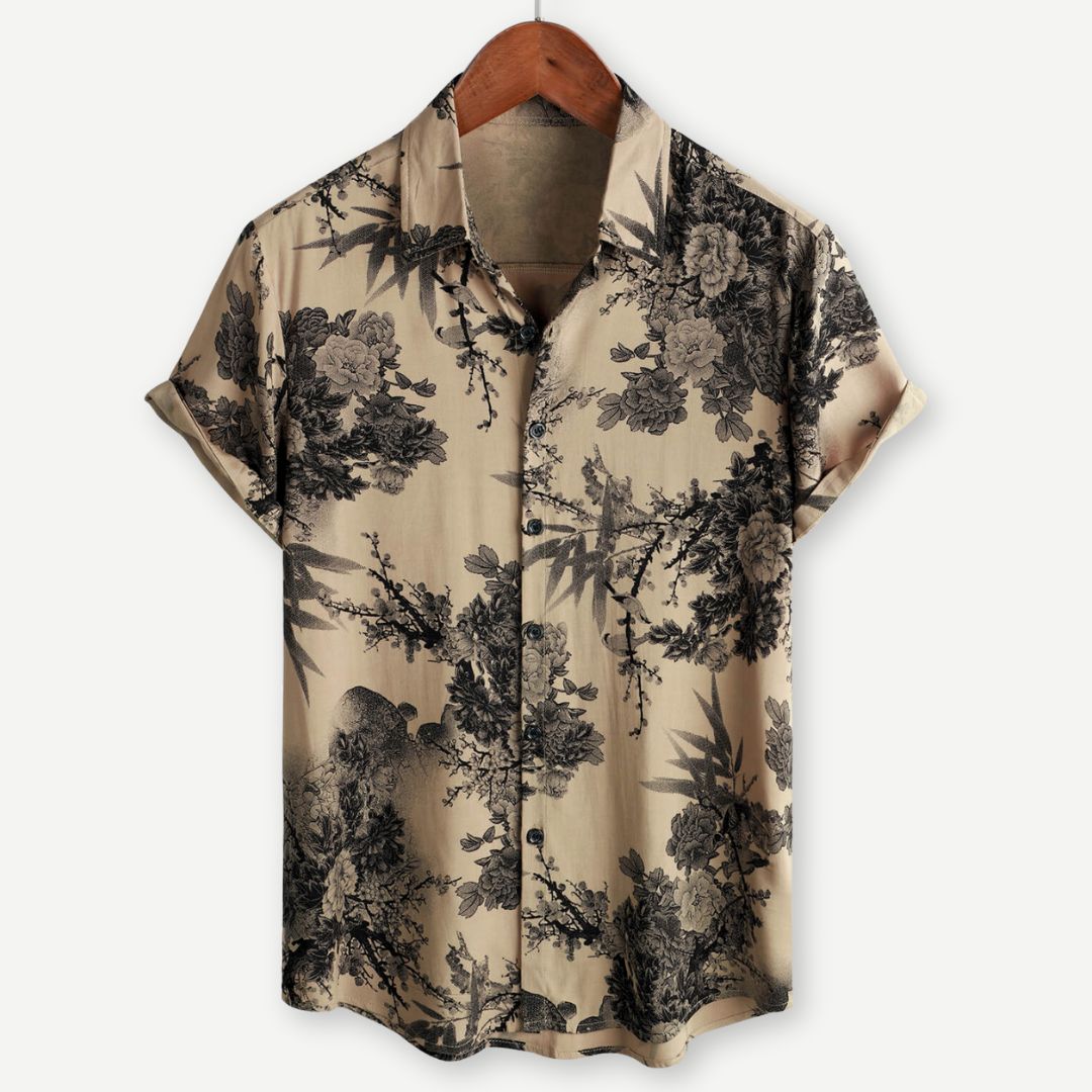 Men's beige short sleeve shirt with black floral print and button front