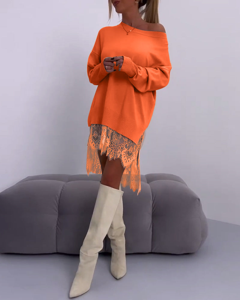 Women's off shoulder long sleeve jumper with scalloped lace trim hem