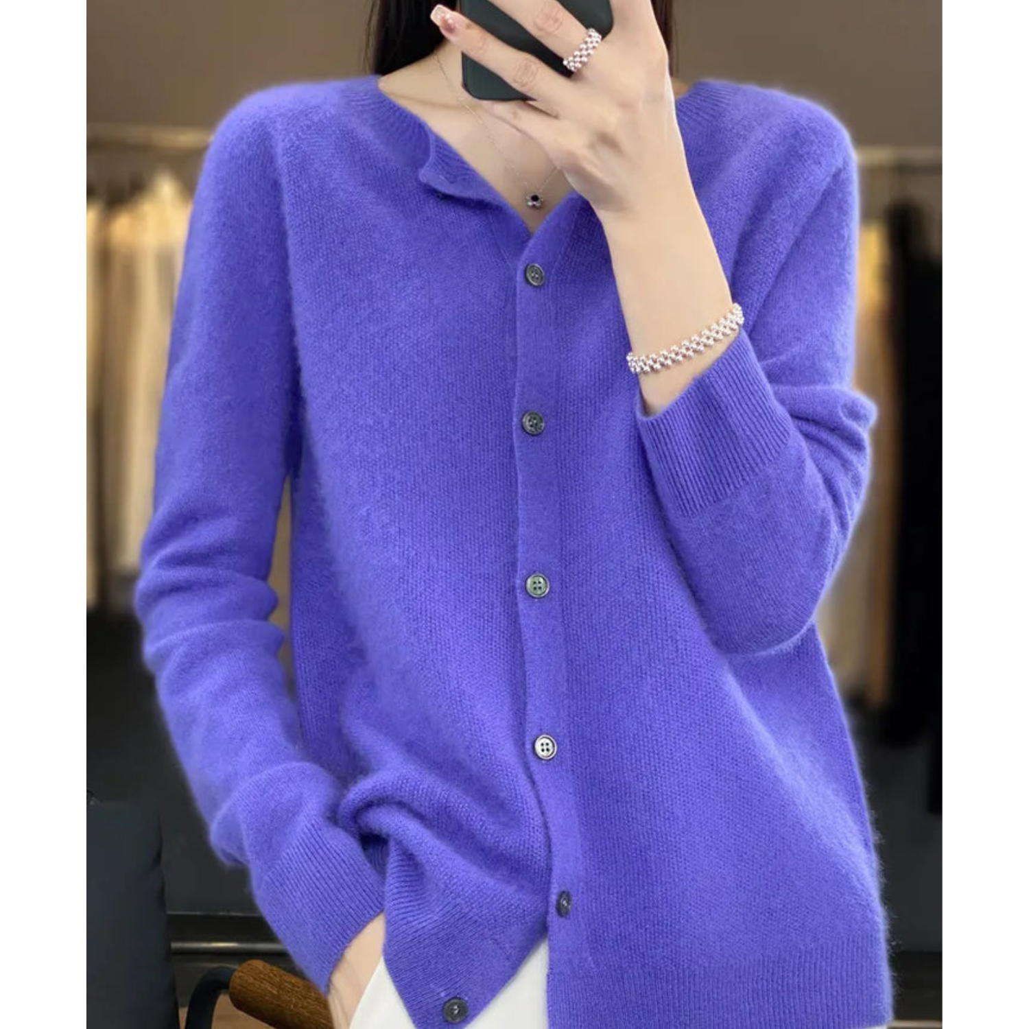 Women's Cardigan Merino Wool V-Neck Long Sleeve - Navy