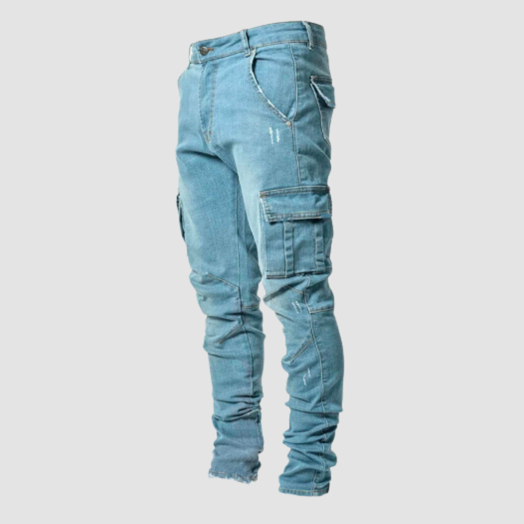 Men's slim tapered cargo jeans with multiple utility pockets and gathered legs