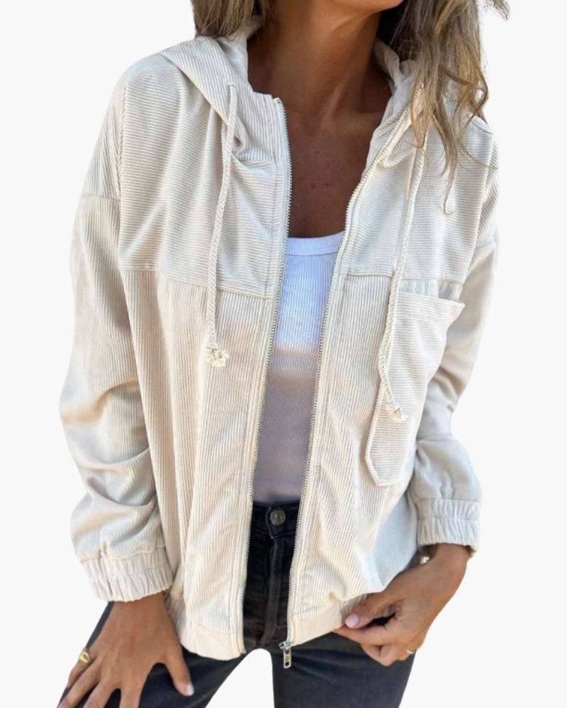 Women's hooded ribbed jacket with front zip, pockets and long sleeves