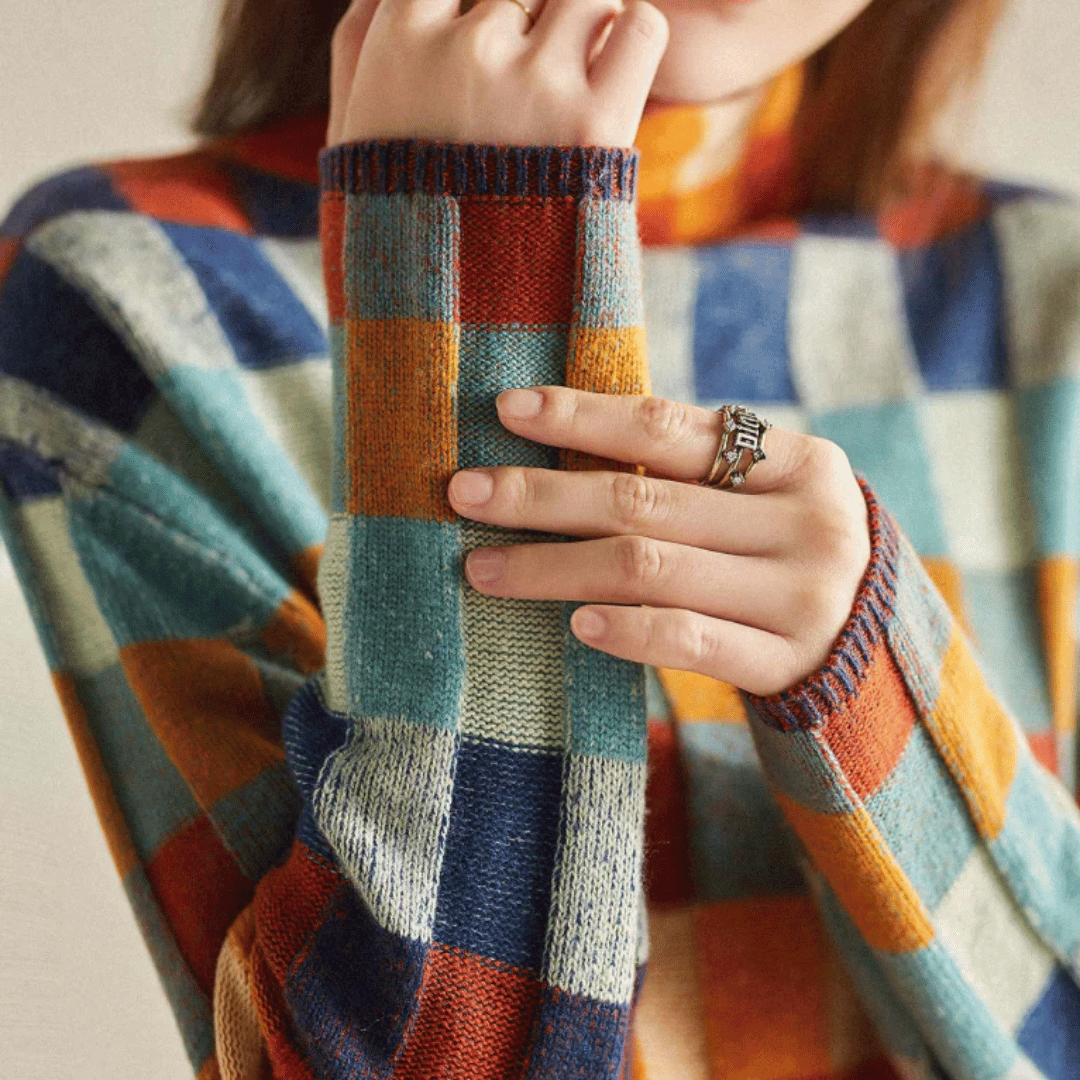 Women's colourful patchwork turtleneck jumper with long sleeves