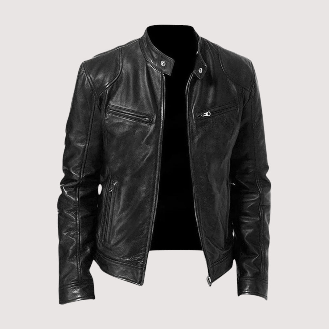 Men's solid biker jacket with stand collar, long sleeves and zipped pockets