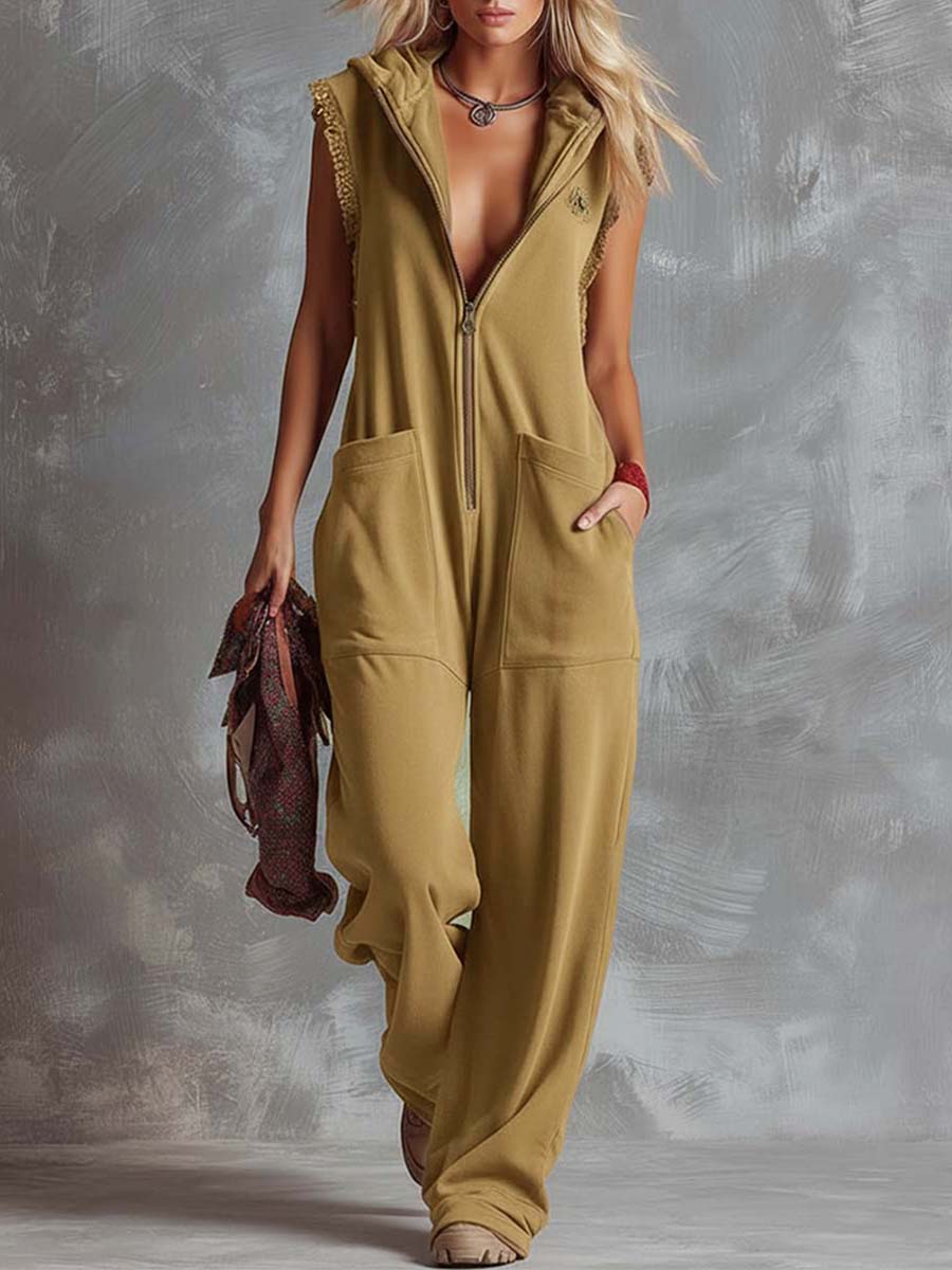 Women's Zip Jumpsuit Hooded Sleeveless Relaxed Fit Utility