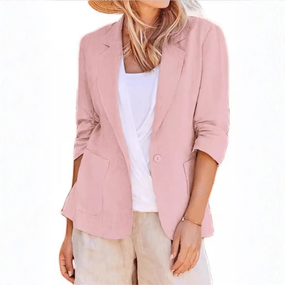 Women's single-breasted blazer with notched lapels, three-quarter sleeves and patch pockets