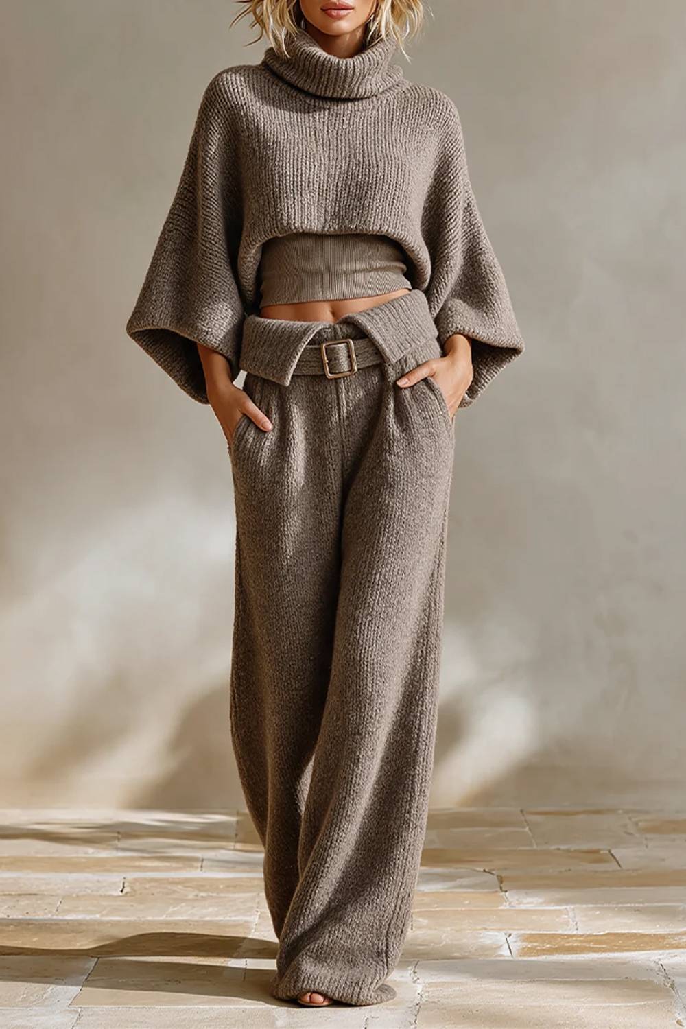 Women's grey turtleneck knit cropped top and wide-leg trouser set with belt