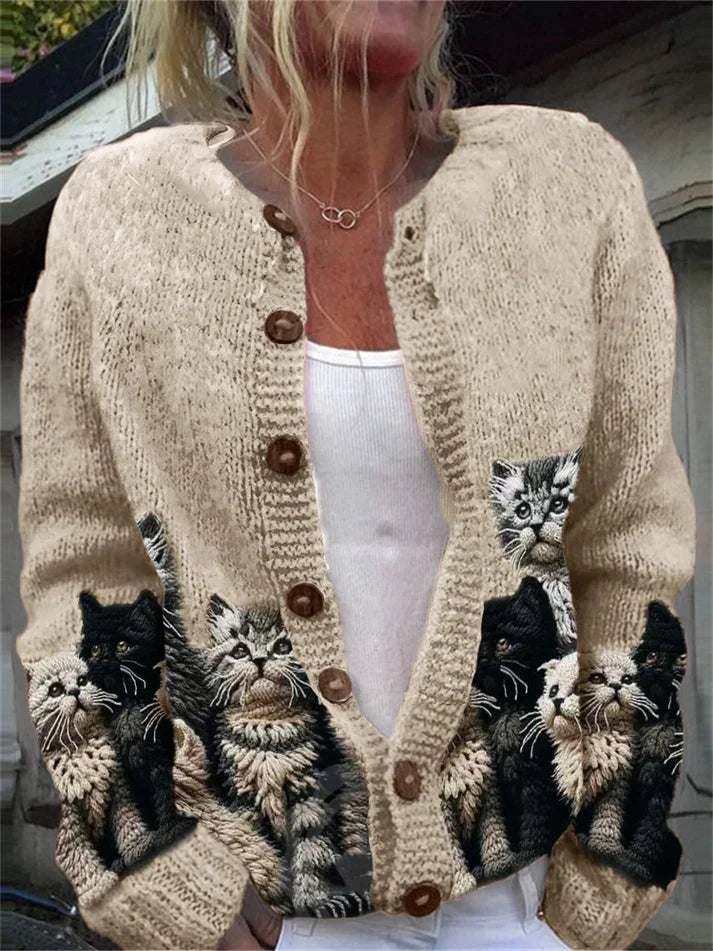 Women's button cardigan with illustrated cat print panels and long sleeves