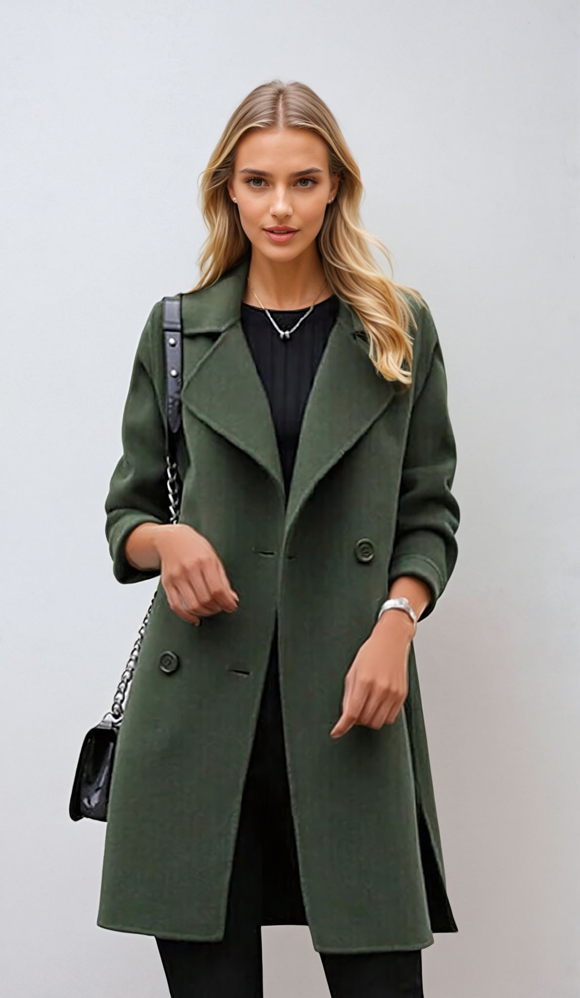 Women's long double-breasted coat with wide lapels and long sleeves