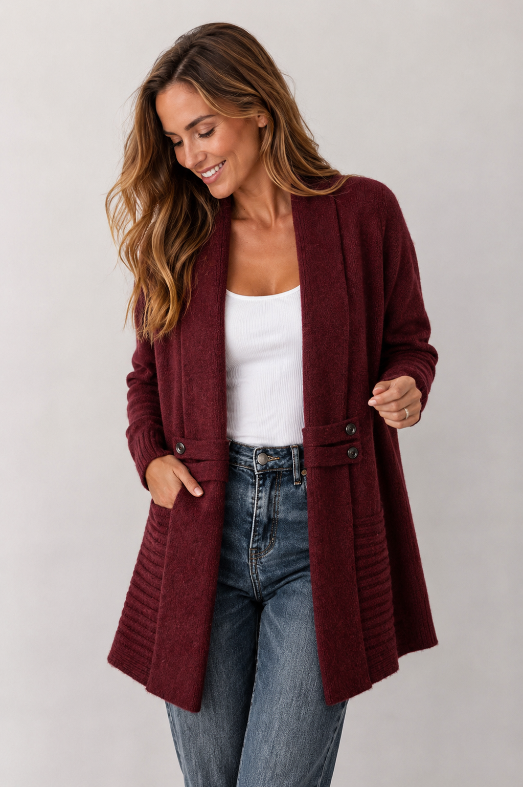 Women's textured open-front longline jacket with shawl collar and button details